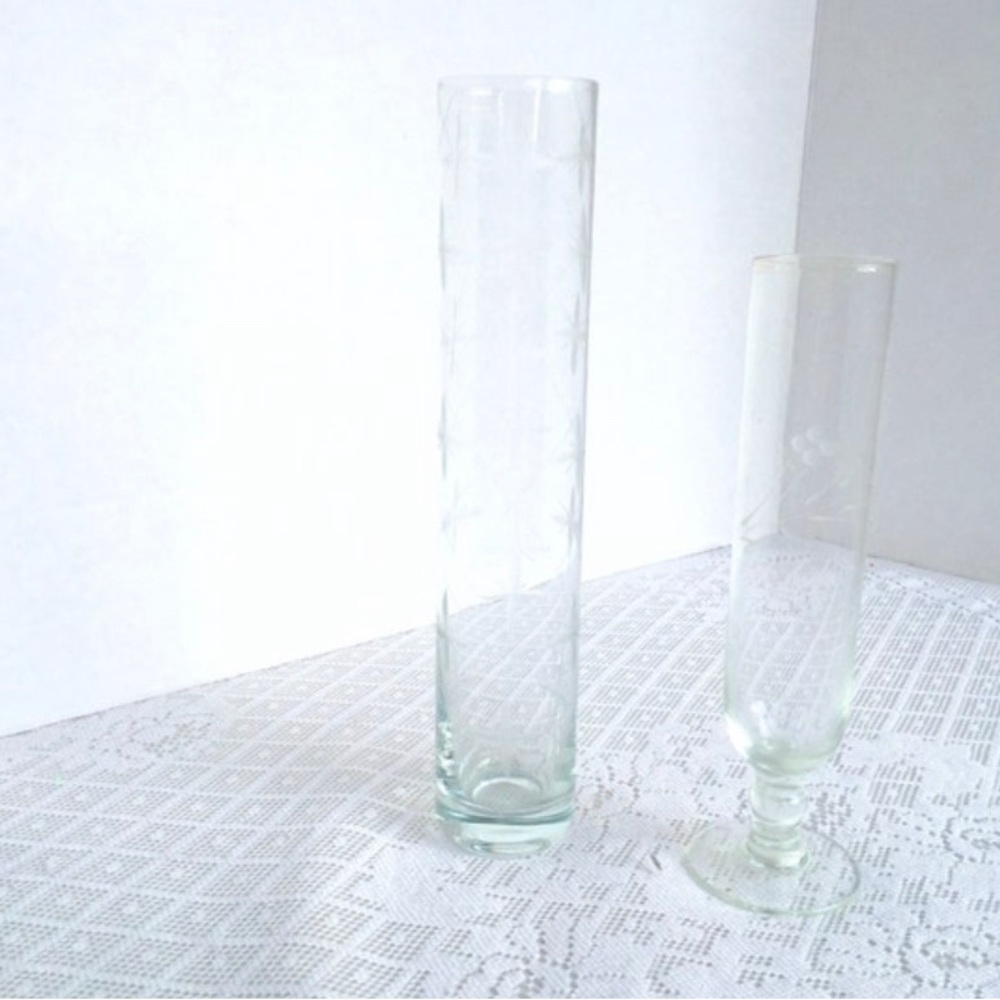Two Etched Glass Bud Vases